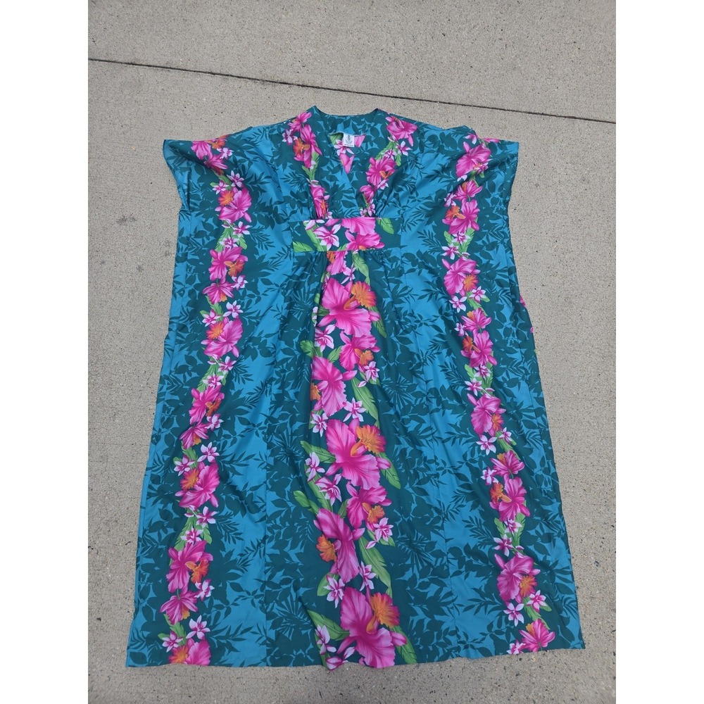Vintage 80s Royal Creations Hawaiian Teal Orchid Floral Muumuu Dress Tiki O/S - Picture 2 of 5